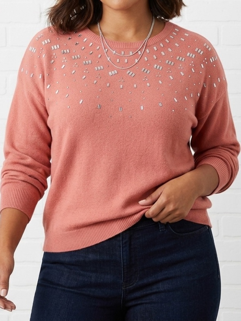 ONTWELFTH Salmon Embellished Sweater Large Y2K Soft Girl Glam Mirrorball Knit